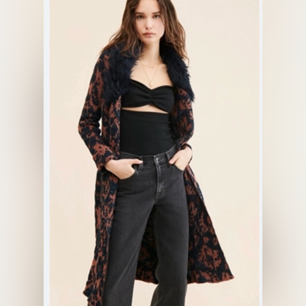 Anthropologie Long Sweater Coat with Faux Fur Collar Small